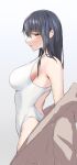  1girl black_hair breasts brown_eyes competition_swimsuit cowboy_shot grey_robe highleg highleg_swimsuit highres long_hair looking_at_viewer medium_breasts one-piece_swimsuit original profile robe shoumi_kigengire solo standing swimsuit undressing white_one-piece_swimsuit 