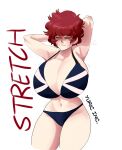  1girl absurdres armpits arms_behind_head artist_name bangs bikini breasts cleavage closed_eyes cowboy_shot grandyuric highres huge_breasts navel original red_hair scotland_(grandyuric) shadow short_hair simple_background solo stomach swimsuit white_background 