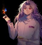  1boy bangs black_background blue_butterfly bug burning butterfly commentary fumi_(rdbm) hatsutori_hajime highres holding holding_matchstick jacket long_hair long_sleeves looking_at_animal male_focus matchbox matches parted_bangs purple_hair red_eyes saibou_shinkyoku simple_background smile solo symbol-only_commentary upper_body white_jacket 