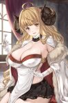 1girl :d ahoge anila_(granblue_fantasy) bangs bed black_skirt blonde_hair blunt_bangs blush breasts cape cleavage commentary cowboy_shot curled_horns curtains draph fur-trimmed_cape fur_trim gloves granblue_fantasy hair_intakes highres horns hoshido1214 indoors lap_pillow_invitation large_breasts long_hair looking_at_viewer mimikaki open_mouth pelvic_curtain pleated_skirt ribbon-trimmed_skirt ribbon_trim sitting skirt smile solo thick_eyebrows white_gloves window yellow_eyes 