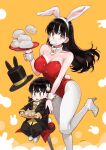  2girls animal_ears artist_name bangs bare_shoulders big_sister_(seojh1029) black_hair black_jacket black_pants bow bowtie breasts chinese_zodiac cleavage collared_shirt detached_collar dress_shirt earrings eating english_commentary fake_animal_ears fake_tail female_child food food_in_mouth hair_ornament happy_new_year hat high_heels highres holding holding_tray jacket jewelry jun_(seojh1029) lapels large_breasts leotard little_sister_(seojh1029) long_hair magician multiple_girls orange_eyes original pants pantyhose playboy_bunny rabbit_ears rabbit_hair_ornament rabbit_tail red_leotard shirt siblings sisters sitting sparkling_eyes standing standing_on_one_leg stool strapless strapless_leotard tail tailcoat top_hat traditional_bowtie tray white_footwear white_pantyhose wrist_cuffs year_of_the_rabbit yellow_shirt 