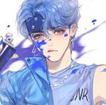  1boy absurdres bishounen blue_hair blue_shirt chinese_commentary closed_mouth commentary_request earrings english_text headband highres jewelry looking_at_viewer male_focus necklace original shanhu686 shirt solo spray_can upper_body white_background 