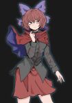  1girl bangs black_background black_shirt bow cloak closed_mouth cowboy_shot fe_(tetsu) hair_bow highres long_sleeves looking_at_viewer purple_bow red_eyes red_hair red_skirt sekibanki shirt short_hair simple_background skirt solo standing touhou 