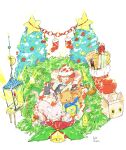  1girl absurdres artist_name bell brown_hair candle cat cherry christmas christmas_tree closed_eyes food fruit glint highres kawatsu_yuuki lamp leaf long_sleeves open_mouth original plant short_hair solo tree white_background 