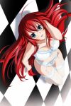  1girl ahoge arm_up artist_request bangs blue_eyes blush bra breasts eyebrows_hidden_by_hair high_school_dxd large_breasts lingerie long_hair looking_back lying navel non-web_source on_back on_floor open_mouth red_hair rias_gremory smile underwear very_long_hair 