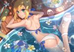  1girl absurdres ahoge artoria_pendragon_(fate) artoria_pendragon_(swimsuit_archer)_(fate) artoria_pendragon_(swimsuit_archer)_(first_ascension)_(fate) ass bangs bare_shoulders bikini blonde_hair braid breasts closed_mouth commentary_request day fate/grand_order fate_(series) from_above from_behind green_eyes highres looking_at_viewer medium_breasts official_alternate_costume partially_submerged pool saber sandals smile solo soymilk26 swimsuit white_bikini 