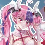  1girl ahoge belt breasts chest_belt cleavage collar demon_girl demon_horns demon_wings dress earrings frilled_collar frills hair_ornament head_wings heart heart_ahoge heart_hair_ornament horns ironmouse jewelry large_breasts lian0318 long_hair looking_at_viewer multicolored_hair pink_eyes pink_hair pointy_ears purple_hair single_earring streaked_hair twintails virtual_youtuber vshojo white_collar white_dress wings 