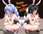  2023 2girls absurdres alternate_color alternate_costume alternate_hair_color animal_ears bare_legs black_footwear black_hair black_leotard blue_hair braid breasts chinese_zodiac dual_persona english_commentary extra_ears happy_new_year high_heels highres hikimayu hololive leotard long_hair mcbox mixed-language_commentary multicolored_hair multiple_girls nengajou new_year parted_hair playboy_bunny rabbit_ears rabbit_tail red_eyes short_eyebrows small_breasts squatting steepled_fingers tail thick_eyebrows twin_braids twintails two-tone_hair usada_pekora virtual_youtuber white_footwear white_hair year_of_the_rabbit 