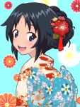  1girl alternate_hairstyle bangs black_hair blue_background blue_eyes floral_background floral_print flower freckles from_side girls_und_panzer gogopaint hair_flower hair_ornament hair_up highres japanese_clothes kimono looking_at_viewer looking_back obi open_mouth print_kimono red_flower red_kimono sash short_hair smile solo textless_version upper_body yamagou_ayumi 