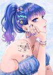  1girl blue_eyes blue_hair bracelet detached_sleeves earrings facial_mark hair_ornament hairclip hand_on_own_cheek hand_on_own_face heart heart_earrings heart_facial_mark heart_hair_ornament highres jewelry kurakichi36 looking_at_viewer multicolored_hair multiple_rings nail_polish original piercing ponytail profile purple_hair ring short_hair short_sleeves solo tattoo two-tone_hair x_hair_ornament 