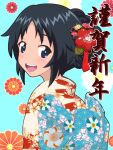  1girl alternate_hairstyle bangs black_hair blue_background blue_eyes floral_background floral_print flower freckles from_side girls_und_panzer gogopaint hair_flower hair_ornament hair_up happy_new_year highres japanese_clothes kimono looking_at_viewer looking_back obi open_mouth print_kimono red_flower red_kimono sash short_hair smile solo translated upper_body yamagou_ayumi 