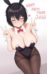  1girl 2023 animal_ears bare_shoulders black_hairband black_leotard blonde_hair bow bowtie breasts brown_thighhighs chinese_zodiac cleavage closed_eyes closed_mouth collarbone covered_navel detached_collar double_v fake_animal_ears hairband hands_up happy_new_year heart highres large_breasts leotard multicolored_hair original pantyhose playboy_bunny rabbit_ears red_bow red_bowtie red_nails shidaidaka short_hair simple_background sitting sleeves_past_wrists smile solo thighband_pantyhose thighhighs two-tone_hair v white_background year_of_the_rabbit 