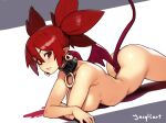  1girl alternate_breast_size ass black_collar breasts collar demon_girl demon_tail demon_wings disgaea earrings etna_(disgaea) hair_between_eyes jacqli_(jacqliart) jewelry looking_at_viewer lying makai_senki_disgaea medium_breasts nude on_stomach parted_lips pointy_ears red_eyes red_hair skull_earrings smile solo tail twintails wings 