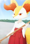  1girl :3 animal_ear_fluff animal_ears animal_nose blue_sky blurry blurry_background body_fur bow braixen broom bush closed_mouth clothed_pokemon cowboy_shot day flat_chest fox_ears fox_girl fox_tail furry furry_female hakama hakama_skirt hand_up happy holding holding_broom japanese_clothes kemonobito kimono long_sleeves looking_at_viewer miko outdoors pleated_skirt pokemon pokemon_(creature) red_bow red_eyes red_hakama red_skirt skirt sky smile snout solo split_mouth standing tail two-tone_fur white_fur white_kimono wide_sleeves yellow_fur 