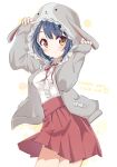  1girl animal_hood blue_hair frills furutani_himawari highres hood looking_at_viewer mearian new_year rabbit_hood red_skirt shirt simple_background skirt smile solo white_shirt yellow_eyes yuru_yuri 