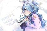  1girl aqua_eyes blue_hair branch casual coat elira_pendora hair_ornament hair_over_one_eye hairclip happy_new_year head_rest head_wings highres holding holding_branch looking_at_viewer nijisanji nijisanji_en pantyhose scarf skirt smile snow solo squatting tottiitottii twig virtual_youtuber 