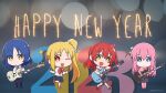 4girls blonde_hair blue_eyes blue_hair bocchi_the_rock! bow chibi commentary_request cube_hair_ornament drumsticks electric_guitar gibson_les_paul gotou_hitori guitar hair_ornament happy_new_year highres holding holding_drumsticks holding_instrument ijichi_nijika instrument kita_ikuyo long_hair multiple_girls new_year official_art one_eye_closed pink_hair red_bow red_eyes red_hair side_ponytail smile yamada_ryou yamamoto_yuusuke_(animator) yellow_eyes 