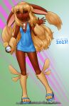  1girl 2023 :3 alloyrabbit animal_ears animal_feet animal_nose ass_visible_through_thighs bangs bead_necklace beads black_sclera blonde_hair blue_dress blue_footwear blush body_fur brown_fur chinese_zodiac closed_mouth colored_sclera commentary covered_navel covered_nipples dress english_commentary flat_chest full_body furry furry_female giant giantess green_background hair_between_eyes hand_up happy happy_new_year highres holding holding_pocket_watch jewelry leg_up legs light_blush long_hair looking_at_viewer lopunny necklace new_year no_bra personification pocket_watch pokemon pokemon_(creature) rabbit_ears rabbit_girl red_eyes roman_numeral sandals shiny shiny_hair shiny_skin short_dress side_slit sidelocks sleeveless sleeveless_dress smile solo standing standing_on_one_leg thighs two-tone_fur very_long_hair watch waving year_of_the_rabbit yellow_fur 