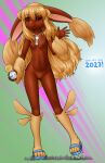  1girl 2023 :3 alloyrabbit animal_ears animal_feet animal_nose ass_visible_through_thighs bangs bead_necklace beads black_sclera blonde_hair blue_footwear blush body_fur brown_fur chinese_zodiac closed_mouth colored_sclera commentary english_commentary flat_chest full_body furry furry_female giant giantess green_background hair_between_eyes hand_up happy happy_new_year highres holding holding_pocket_watch jewelry leg_up legs light_blush long_hair looking_at_viewer lopunny navel necklace new_year nipples nude personification pocket_watch pokemon pokemon_(creature) pussy rabbit_ears rabbit_girl red_eyes roman_numeral sandals shiny shiny_hair shiny_skin sidelocks smile solo standing standing_on_one_leg stomach thighs two-tone_fur uncensored very_long_hair watch waving year_of_the_rabbit yellow_fur 