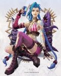  1girl absurdres asymmetrical_legwear asymmetrical_sleeves bandaid bandaid_on_knee bandaid_on_leg bangs bare_shoulders blue_hair braid breasts bullet can commentary english_commentary fingerless_gloves gloves hair_between_eyes highres holding holding_can jinx_(league_of_legends) kim_sung_hwan league_of_legends legs long_hair looking_at_viewer pink_eyes pink_shorts shorts simple_background sitting small_breasts smile soda_can solo tattoo teeth thighhighs twin_braids twintails very_long_hair 