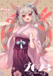  1girl 2023 :d absurdres animal_ears bangs blue_bow bow brown_background chinese_zodiac commentary_request ear_bow frilled_kimono frills grey_hair hair_between_eyes hakama hakama_skirt hands_up happy_new_year heart highres hinata_(user_rjkt4745) japanese_clothes kimono long_hair long_sleeves looking_at_viewer nail_polish new_year original partial_commentary pink_kimono pink_nails purple_hakama rabbit_ears red_eyes skirt smile solo very_long_hair wide_sleeves year_of_the_rabbit 