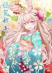  1girl alternate_costume blonde_hair blue_kimono commentary_request floral_print fuji_(pixiv24804665) gradient_kimono grey_eyes hairband highres japanese_clothes kantai_collection kimono long_hair looking_at_viewer new_year open_mouth pink_hairband round_teeth shimakaze_(kancolle) smile solo teeth upper_teeth_only 