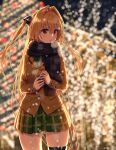  1girl absurdres bangs black_scarf blonde_hair blurry blurry_background blush bow bowtie breasts chestnut_mouth christmas christmas_lights dated evening eyelashes food furrowed_brow green_bow green_bowtie green_skirt hair_between_eyes hair_intakes head_tilt highres holding holding_food jacket konjiki_no_yami long_hair looking_at_viewer medium_breasts miniskirt outdoors pleated_skirt red_eyes scarf school_uniform shirt signature skirt snowing solo standing steam straight_hair taiyaki thigh_strap thighs to_love-ru traveler_(artbbt) two_side_up very_long_hair wagashi white_shirt yellow_jacket 