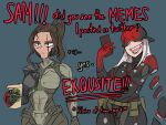  2girls black_hair centurii-chan_(artist) cup cyborg disembodied_limb facing_another genderswap genderswap_(mtf) grey_background head-mounted_display high_ponytail highres holding holding_cup holding_phone long_hair looking_to_the_side mechanical_parts medium_hair meme metal_gear_(series) metal_gear_rising:_revengeance monsoon_(metal_gear_rising) multiple_girls open_mouth phone power_armor samuel_rodrigues scar scar_across_eye science_fiction simple_background smile white_hair 
