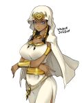  1girl armlet artist_name black_hair bright_pupils dark-skinned_female dark_skin egyptian egyptian_clothes eye_of_horus forehead_jewel hair_tubes highres hood hood_up ishizu_ishtar long_hair millennium_necklace purple_eyes simple_background solo wanderjegson white_background white_pupils yu-gi-oh! yu-gi-oh!_duel_monsters 