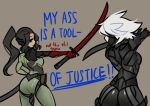  2girls absurdres ass black_hair centurii-chan_(artist) commentary cyborg english_commentary fighting_stance genderswap genderswap_(mtf) grey_background highres holding holding_sword holding_weapon katana long_hair looking_at_another mechanical_arms mechanical_parts metal_gear_(series) metal_gear_rising:_revengeance multiple_girls power_armor raiden_(metal_gear) samuel_rodrigues short_hair sidelocks simple_background sword weapon white_hair 
