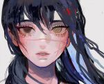  1girl artist_name bangs black_hair chainsaw_man cross_scar grey_background heterochromia long_hair looking_at_viewer mitaka_asa painterly parted_lips ringed_eyes scar scar_on_cheek scar_on_face scar_on_nose simple_background solo totorolls upper_body white_background yellow_eyes yoru_(chainsaw_man) 
