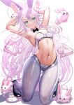  1girl animal_ears breasts bunny_pose chinese_zodiac colored_eyelashes elf fantasy green_eyes highres kein_hasegawa long_hair looking_at_viewer meme_attire new_year original playboy_bunny pointy_ears rabbit rabbit_ears reverse_bunnysuit reverse_outfit stomach thighs very_long_hair white_hair white_rabbit_(animal) year_of_the_rabbit 