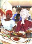  4boys :d :o ahoge arjuna_(fate) arjuna_alter_(fate) ashwatthama_(fate) black_hair black_shirt blonde_hair blue_eyes blue_horns blue_jacket broccoli brown_eyes cherry_tomato closed_eyes collared_shirt commentary contemporary cup curry curry_rice dark-skinned_male dark_skin drink drinking_glass drinking_straw earrings fate/apocrypha fate/grand_order fate_(series) food french_fries fried_egg hair_between_eyes hamburger_steak hanging_light highres holding holding_cup holding_food holding_spoon horns indoors jacket jewelry karna_(fate) katsudon_(food) looking_at_another looking_at_food looking_at_object male_focus multicolored_hair multiple_boys omelet own_hands_together pasta plate rama_(fate) red_hair red_shirt restaurant rice salad shirt short_hair single_earring sizzler_plate smile soda soda_fountain spaghetti spoon sweatdrop szk_modoki t-shirt table teeth tomato two-tone_hair upper_body upper_teeth_only white_hair white_shirt yellow_eyes 