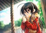  1girl bangs black_hair blue_sky blurry blurry_background breath brown_eyes cloud cloudy_sky commentary_request day depth_of_field fringe_trim hair_between_eyes highres jacket long_hair long_sleeves looking_away outdoors palms_together parted_lips praying red_jacket scarf shakugan_no_shana shana sky solo tachitsu_teto upper_body very_long_hair yellow_scarf 