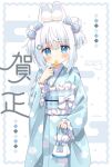  1girl 2023 animal_ear_fluff animal_ears bangs blue_bow blue_eyes blue_kimono blush bow chinese_zodiac commentary double_bun eating egasumi english_commentary food frilled_sleeves frills hair_between_eyes hair_bow hair_bun hair_ornament hairclip hand_up highres holding holding_food japanese_clothes kimono kinchaku long_sleeves looking_at_viewer nakkar obi original plaid plaid_bow plaid_sash pouch rabbit_ears sash short_twintails sleeves_past_wrists solo translation_request twintails white_background white_hair wide_sleeves year_of_the_rabbit 