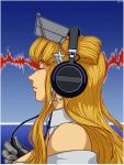  1girl blonde_hair breasts cable closed_eyes fletcher_(kancolle) fletcher_mk_ii_(kancolle) gloves grey_gloves hair_bun hair_ornament hair_tie headphones highres kantai_collection large_breasts listening_to_music long_hair off-shoulder_shirt off_shoulder profile sailor_collar shirt sound_wave star_(symbol) star_hair_ornament tetsu-john_28-gou upper_body white_sailor_collar 