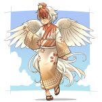  1girl adapted_costume arm_up bird brown_eyes chick feathered_wings full_body japanese_clothes kimono multicolored_hair niwatari_kutaka obi red_hair sandals sash short_hair smile solo tail toes touhou two-tone_hair walking white_hair wings yudepii 