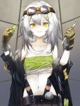  1girl belt black_jacket collarbone commission croque_(girls&#039;_frontline_nc) girls&#039;_frontline girls&#039;_frontline_neural_cloud gloves goggles goggles_on_head gradient_hair grey_hair hair_between_eyes hair_ornament hairclip highres holding holding_screwdriver holding_wrench jacket looking_at_viewer midriff miyopiwi multicolored_hair navel off_shoulder screwdriver skeb_commission smile solo sparkle tank_top upper_body wrench yellow_eyes 