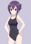  1girl absurdres bangs black_one-piece_swimsuit blush closed_mouth commentary_request competition_swimsuit cowboy_shot flatfield gochuumon_wa_usagi_desu_ka? grey_background hair_between_eyes hands_on_hips highleg highres long_hair one-piece_swimsuit purple_eyes purple_hair simple_background smile solo standing swimsuit tedeza_rize 