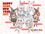  6+girls animal_ear_fluff animal_ears arctic_hare_(kemono_friends) bare_shoulders blue_eyes bow bowtie brown_eyes brown_hair cape coat commentary_request dress elbow_gloves european_hare_(kemono_friends) extra_ears gloves grey_hair heterochromia highres japanese_hare_(kemono_friends) kemono_friends kneehighs long_hair mountain_hare_(kemono_friends) multicolored_hair multiple_girls official_art open_mouth pantyhose rabbit_ears rabbit_girl rabbit_tail ribbon shoes short_hair skirt socks tail thighhighs translation_request tsukuyomi_shinshi_(kemono_friends) yellow_eyes yoshizaki_mine 