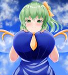  1girl ascot blue_sky breasts closed_mouth cloud commentary_request daiyousei fairy_wings from_below green_eyes green_hair hands_on_own_chest highres huge_breasts looking_at_viewer musi_tino outdoors side_ponytail sky solo touhou transparent_wings upper_body wings yellow_ascot 