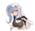  1girl :p bangs black_shirt black_sports_bra blue_eyes blush breasts cleavage clothes_lift commentary english_commentary girls&#039;_frontline girls&#039;_frontline_neural_cloud grey_hair hair_bobbles hair_ornament heterochromia highres kuro_(girls&#039;_frontline_nc) large_breasts long_hair looking_at_viewer mdr_(girls&#039;_frontline) multicolored_hair one_side_up pink_hair red_eyes shirt shirt_lift solo sports_bra streaked_hair sweat tongue tongue_out upper_body yumin867355251 