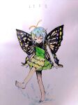  1girl absurdres antennae aqua_hair barefoot blush butterfly_wings closed_eyes dress eternity_larva fairy full_body green_dress hair_between_eyes highres leaf leaf_on_head multicolored_clothes multicolored_dress open_mouth short_hair short_sleeves smile solo touhou traditional_media tuntunsbx wings 