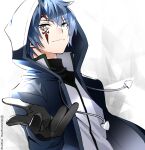  1boy bangs black_gloves blue_hair closed_mouth doromame facial_tattoo fairy_tail gloves gradient gradient_background grey_eyes hair_between_eyes high_collar hood hood_up hooded_jacket jacket jellal_fernandes male_focus short_hair simple_background solo string tattoo upper_body 