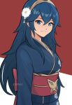  1girl absurdres alternate_costume bangs blue_eyes blue_hair blue_kimono fire_emblem fire_emblem_awakening floral_print flower hair_between_eyes hair_flower hair_ornament highres japanese_clothes kimono long_hair long_sleeves looking_at_viewer lucina_(fire_emblem) red_background red_sash sash smgold smile solo symbol_in_eye tiara twitter_username two-tone_background upper_body white_background 