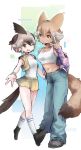  2girls ;d alternate_costume animal_ears baggy_pants bare_arms bare_legs bare_shoulders belt bird_girl bird_tail bird_wings brown_eyes brown_hair cardigan choker commentary_request coyote_(kemono_friends) dark-skinned_female dark_skin earrings full_body greater_roadrunner_(kemono_friends) grey_hair hair_between_eyes head_wings height_difference highres inu_(user_arjr4358) jewelry kemono_friends leaning_to_the_side long_sleeves looking_at_viewer microskirt midriff multicolored_hair multiple_girls navel off_shoulder one_eye_closed open_cardigan open_clothes open_mouth open_vest outstretched_arm pants partial_commentary pocket salute shirt shoes short_hair skirt smile socks spoken_emoji standing stomach tail tank_top two-finger_salute two-tone_hair vest walking wings yellow_eyes 
