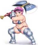  1girl armor axe bangs battle_axe bikini bikini_armor blush breasts cameltoe commentary_request green_eyes headband highres holding holding_axe holding_weapon looking_at_viewer navel original orizen parted_lips pink_hair plate_armor plump pointy_ears shadow short_hair side-tie_bikini_bottom simple_background solo swimsuit thick_arms thick_thighs thighhighs thighs weapon white_background 