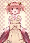  1girl absurdres apron bell character_name checkered_background checkered_clothes checkered_kimono clothes_writing hair_bell hair_ornament highres japanese_clothes kimono long_sleeves looking_at_viewer messiah_&amp;_crea motoori_kosuzu open_mouth orange_eyes orange_hair solo touhou two_side_up wide_sleeves yellow_apron yellow_background 