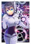  1girl android bangs black_hair blue_eyes breasts closed_mouth commentary_request commission copyright_request cowboy_shot gears hair_between_eyes hand_up kou_hiyoyo looking_away medium_breasts robot_ears science_fiction skeb_commission solo 