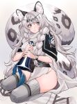  1girl absurdres animal_ears arknights bell belt black_belt black_capelet blue_eyes blush braid breasts capelet chunta circlet commentary dress full_body gradient gradient_background grey_background grey_dress grey_hair grey_scarf grey_thighhighs highres holding holding_bell large_tail leopard_ears leopard_tail light_smile long_hair looking_at_viewer medium_breasts multiple_belts parted_lips pelvic_curtain pramanix_(arknights) scarf side_braids simple_background sitting solo spotted_fur tail thighhighs thighs twin_braids very_long_hair wariza watch wavy_hair wristwatch 